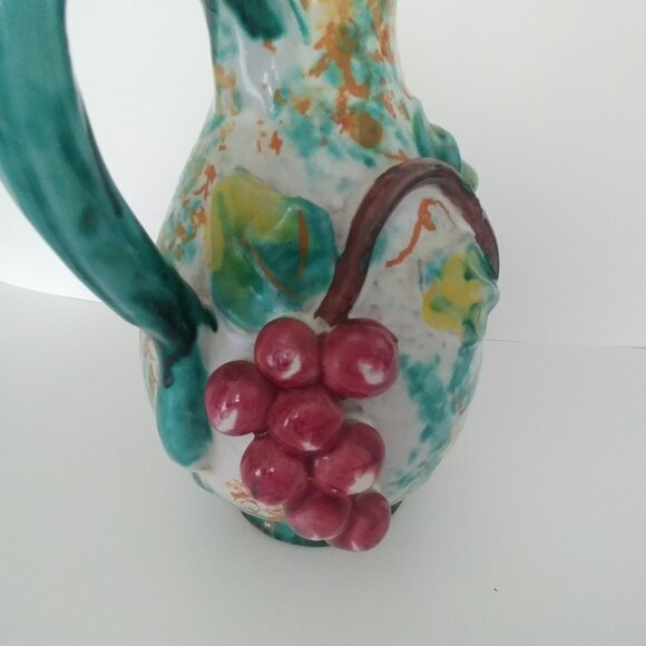 Vintage Italian Sponge Painted Pitcher / Vase 3D Grapes Motif Greens Yellows - Picture 6 of 12